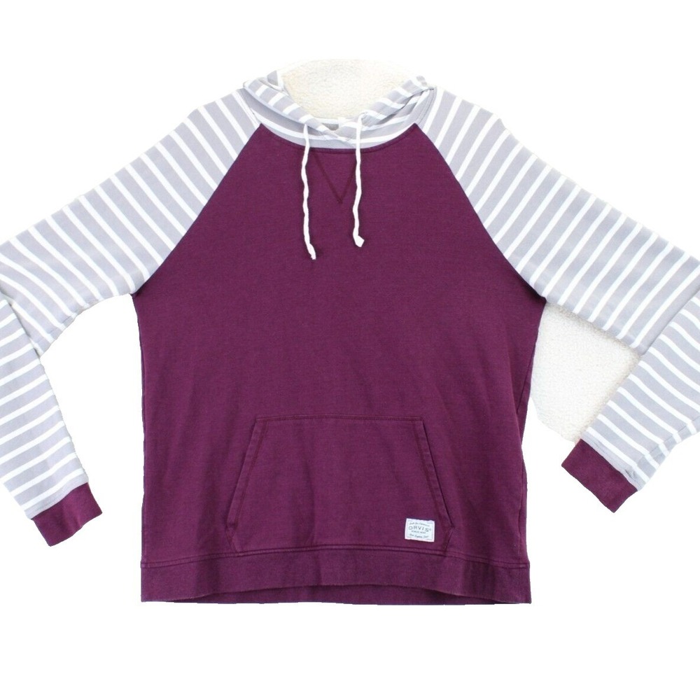 ORVIS Classic Womens M Burgundy Gray Stripe Raglan Hoodie‎ Sherpa Lined Hood